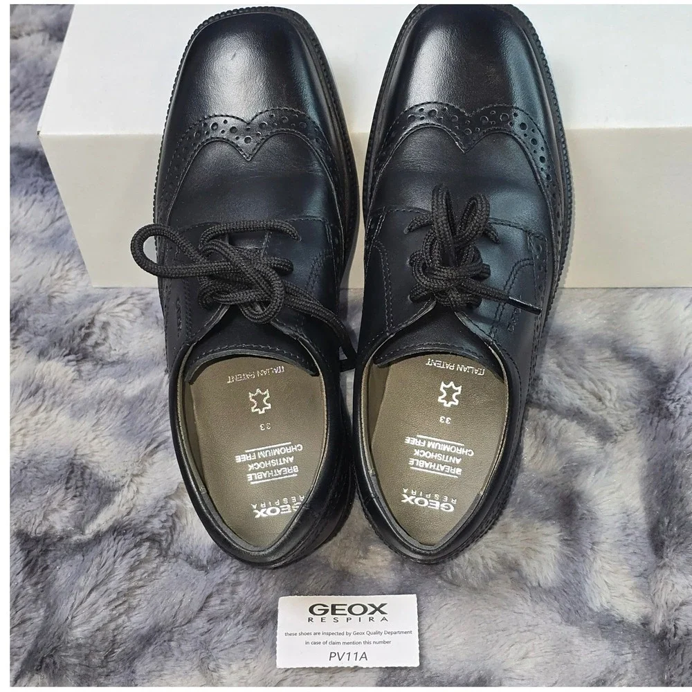 New Geox J Frederico Wingtip Oxford Black Leather Brogue Lace Up Kids EU 33 US 2